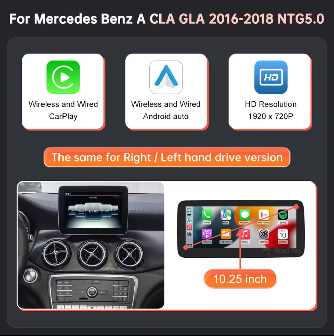 Mercedes Benz Wireless CarPlay Android Auto Multimedia Screen for NTG 5.0 A, B, CLA & GLA Class W176 & W246 2016-2018
