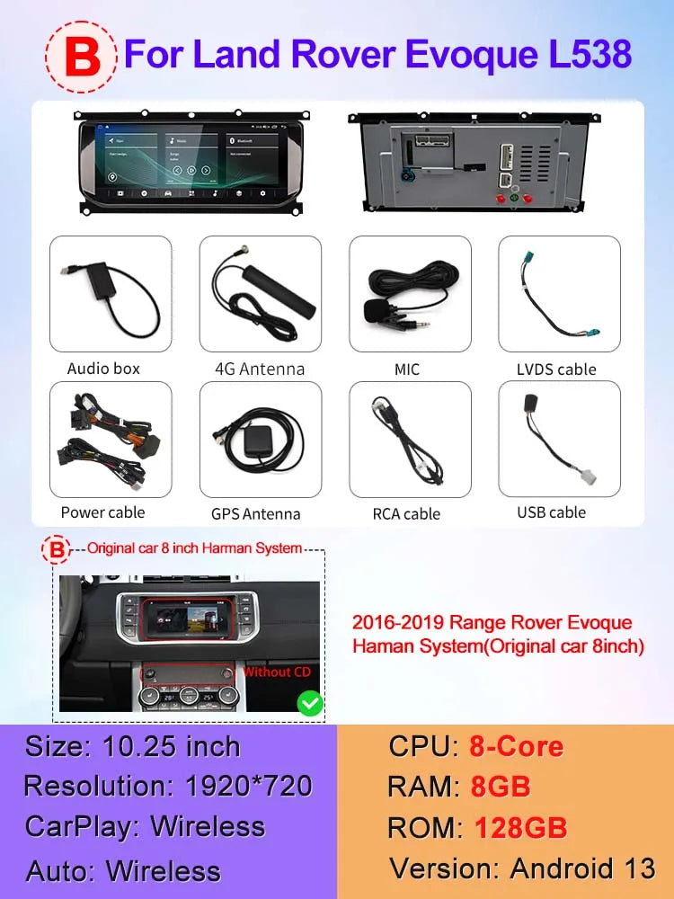 Wireless CarPlay Android Auto Touch Screen for Range Rover Evoque (2011-2018)