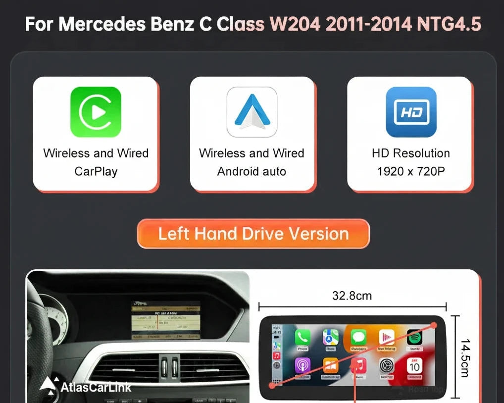 Mercedes Benz Wireless CarPlay Android Auto Multimedia Screen for NTG 4.5/ 4.7 Class W204 2011-2014