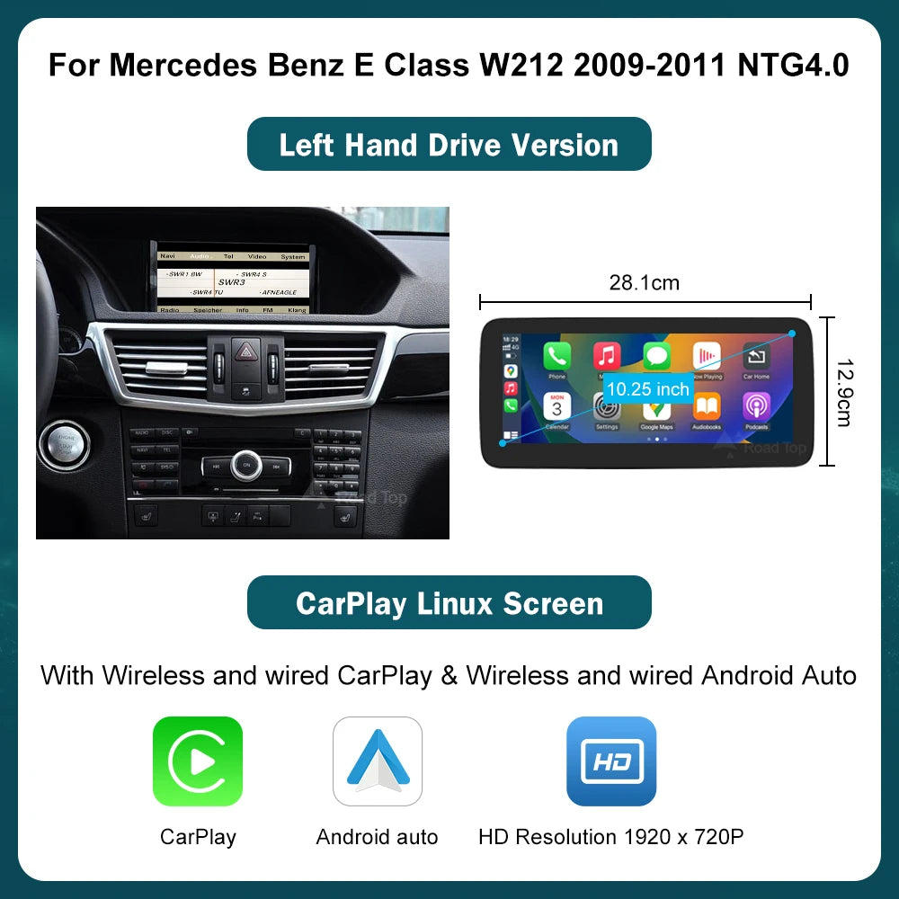 Wireless CarPlay Android Auto Touch Screen for Mercedes‑Benz E Class (2009‑2016)