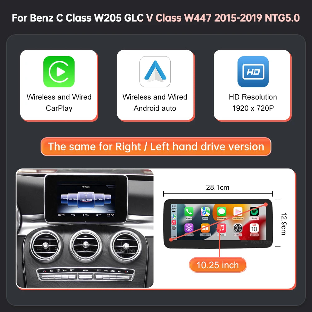 Mercedes Benz Wireless CarPlay Android Auto Multimedia Screen for NTG 5.0 C W205/GLC X253/ GLC C253 Class