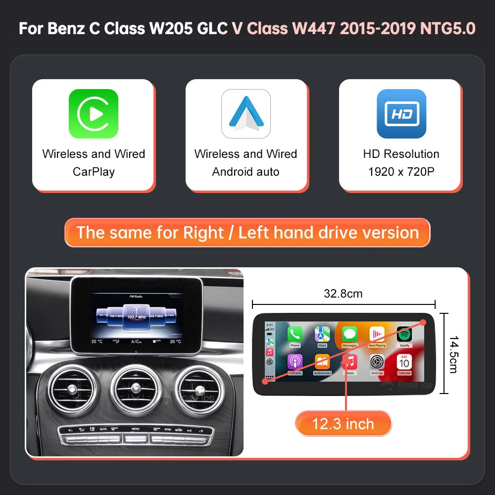 Mercedes Benz Wireless CarPlay Android Auto Multimedia Screen for NTG 5.0 C W205/GLC X253/ GLC C253 Class