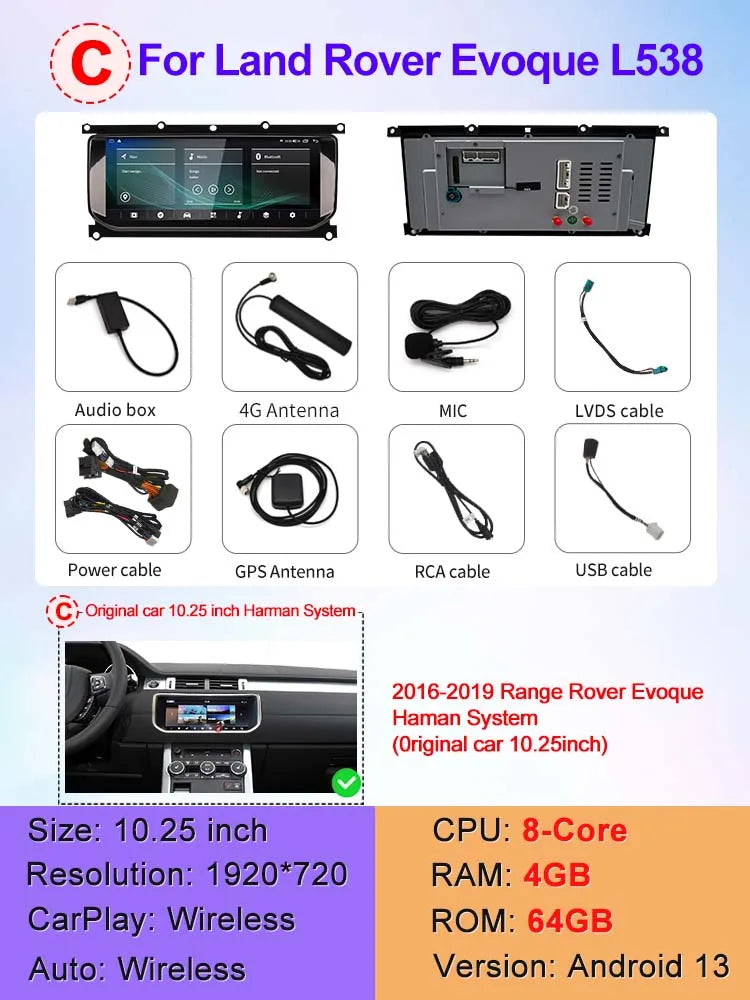 Wireless CarPlay Android Auto Touch Screen for Range Rover Evoque (2011-2018)