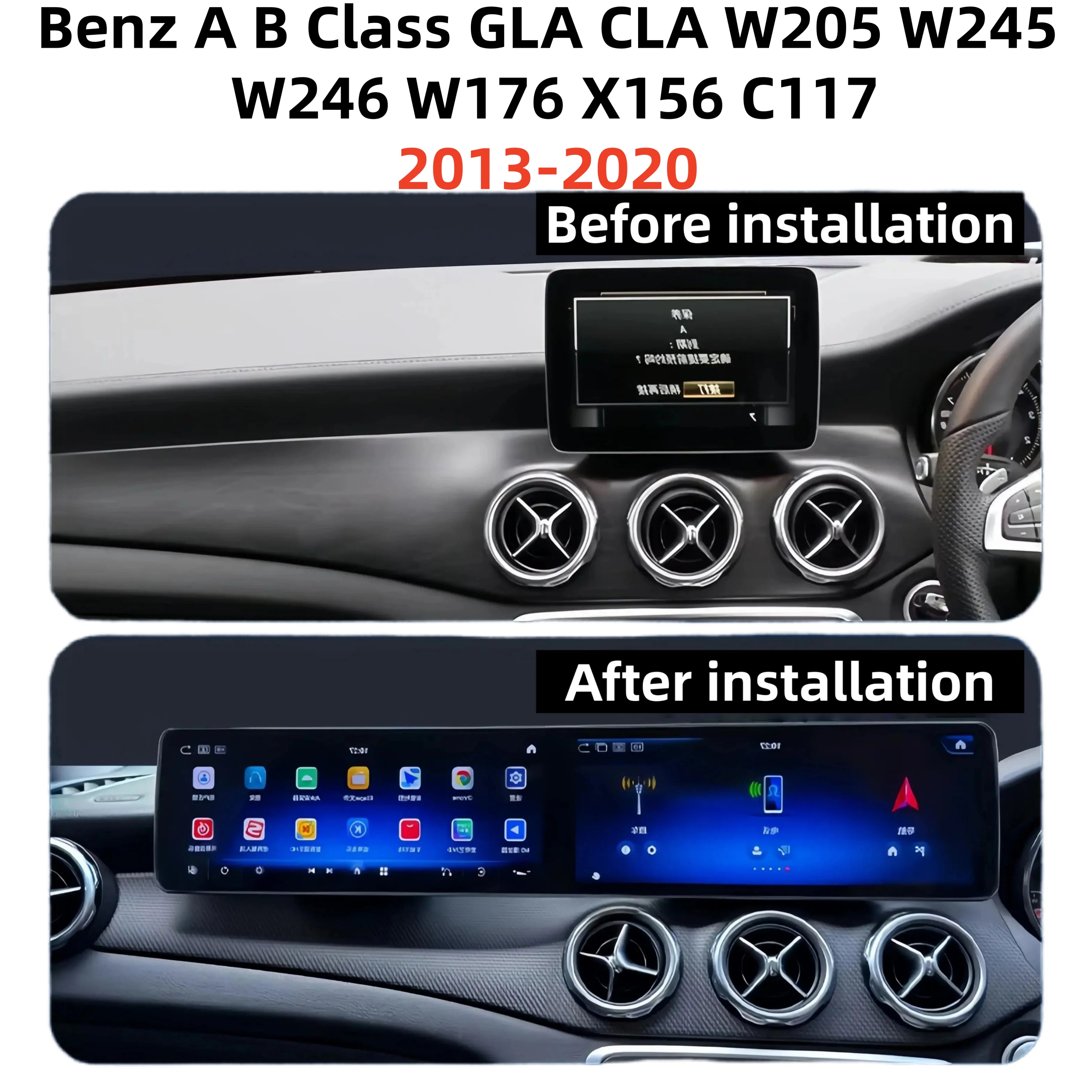 25.6” Android 14 Touchscreen for Mercedes A/B/C/GLA/CLA (2013–2020) – Wireless CarPlay & Android Auto